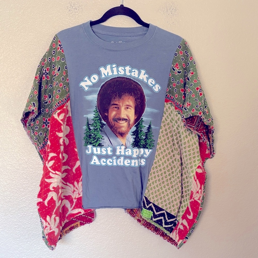 No Mistakes Just Happy Accidents Bob Ross Graphic Patchwork Top - Blue Multi